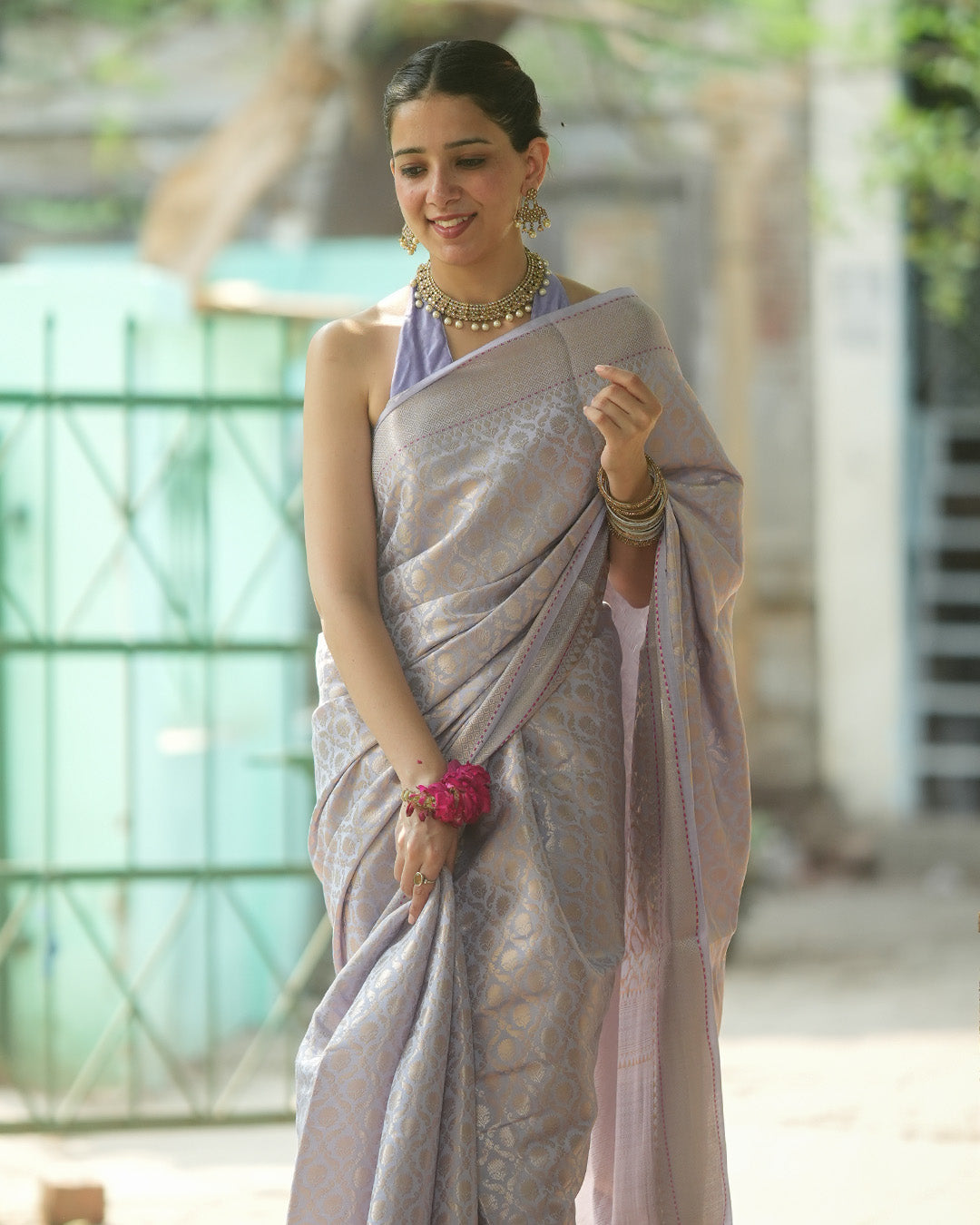 Lavender Pure Banarasi Saree with Ornate Zari Grid