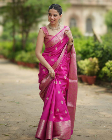 Rani Pink Pure Banarasi Saree with Butidar Zari