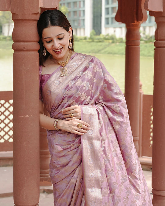 Lilac Pure Banarasi Saree with Elegant Floral Weaving