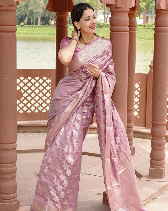 Lilac Pure Banarasi Saree with Elegant Floral Weaving