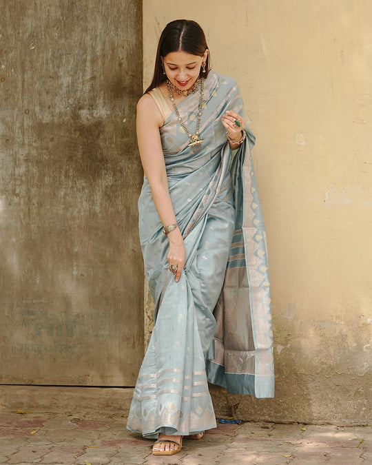 Greyish Powder Blue Pure Banarasi Saree with Minimal Buti Weaves