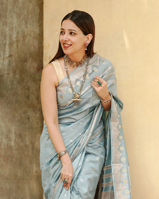 Greyish Powder Blue Pure Banarasi Saree with Minimal Buti Weaves
