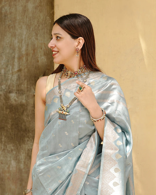 Greyish Powder Blue Pure Banarasi Saree with Minimal Buti Weaves