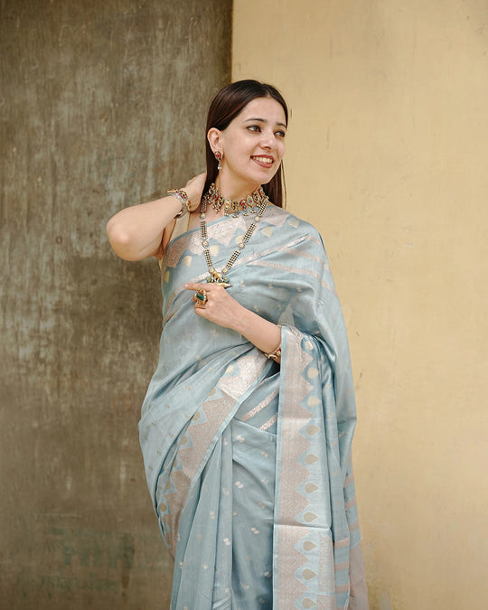 Greyish Powder Blue Pure Banarasi Saree with Minimal Buti Weaves