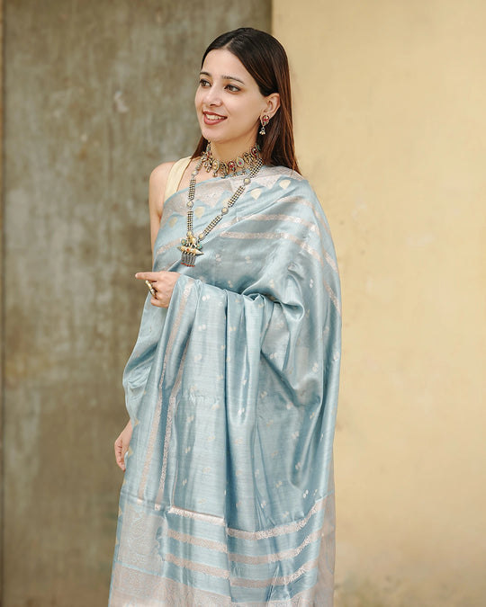 Greyish Powder Blue Pure Banarasi Saree with Minimal Buti Weaves