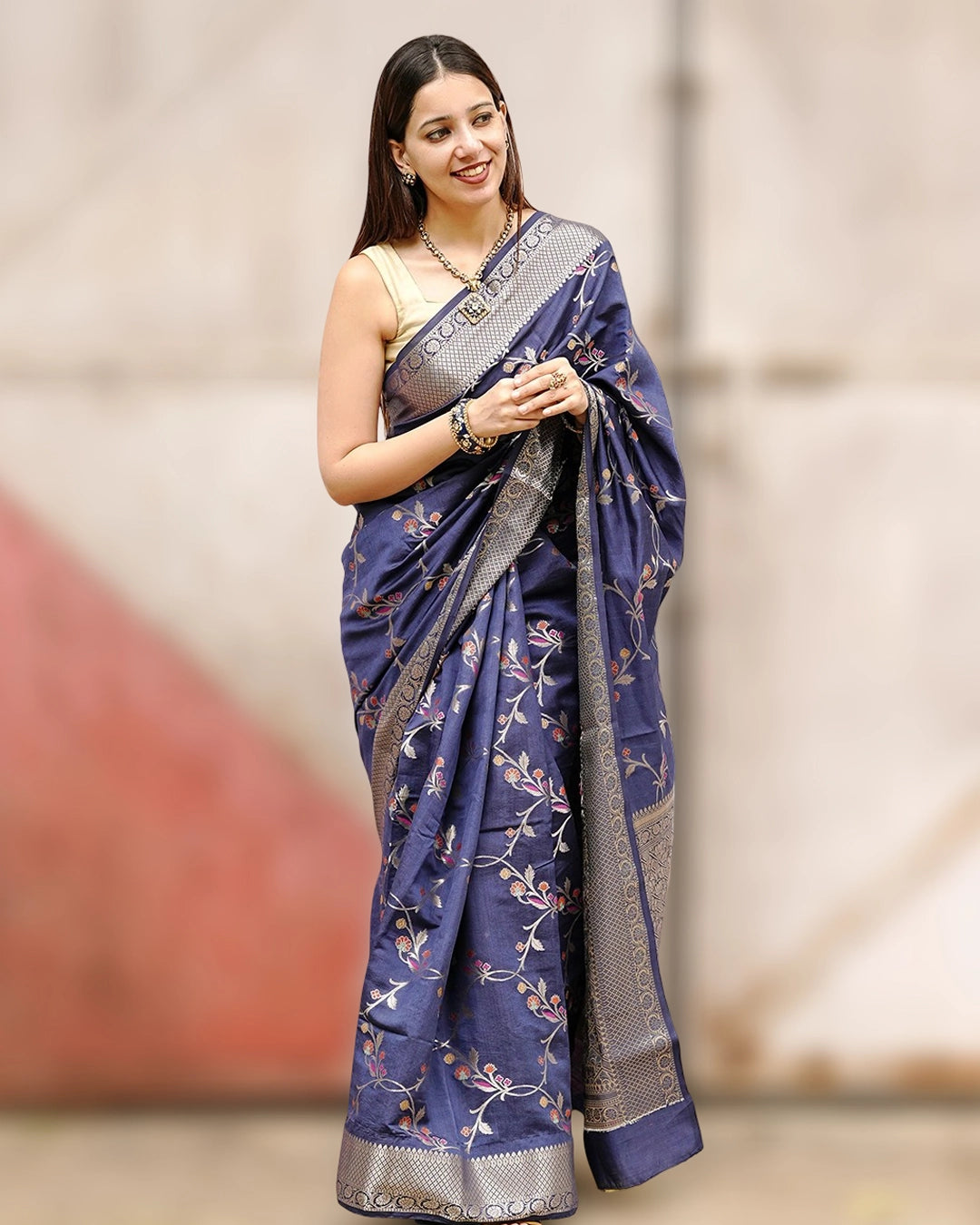 Blue Pure Banarasi Saree featuring Delicate Floral Zari Jaal
