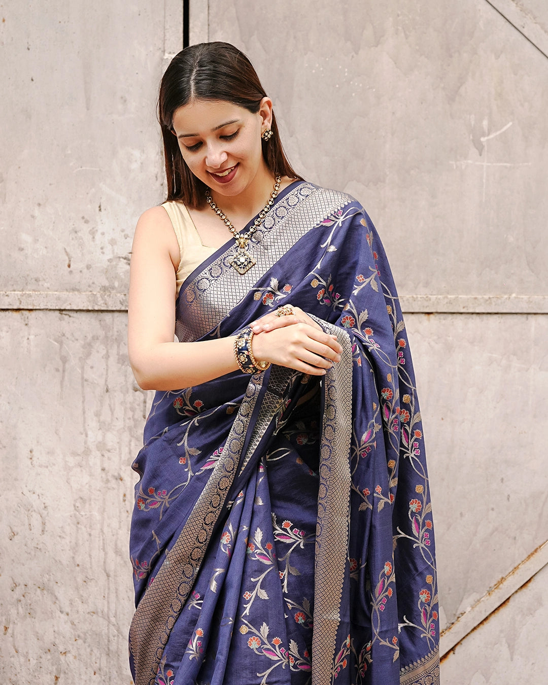 Blue Pure Banarasi Saree featuring Delicate Floral Zari Jaal