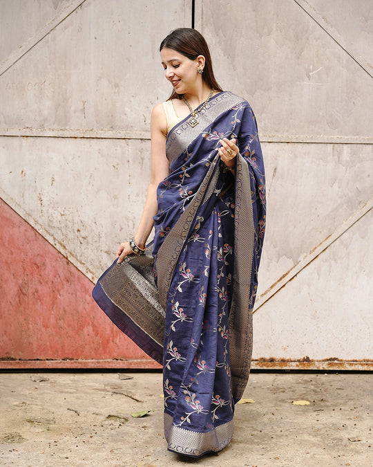 Blue Pure Banarasi Saree featuring Delicate Floral Zari Jaal