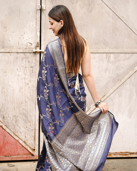 Blue Pure Banarasi Saree featuring Delicate Floral Zari Jaal