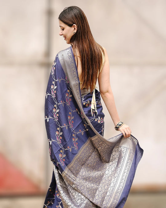 Blue Pure Banarasi Saree featuring Delicate Floral Zari Jaal