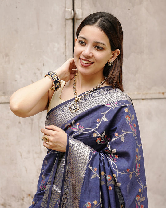 Blue Pure Banarasi Saree featuring Delicate Floral Zari Jaal