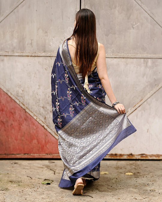 Blue Pure Banarasi Saree featuring Delicate Floral Zari Jaal