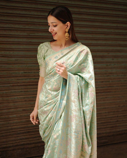 Pastel Green Pure Banarasi Saree with Floral Meenakari Jaal Weaves