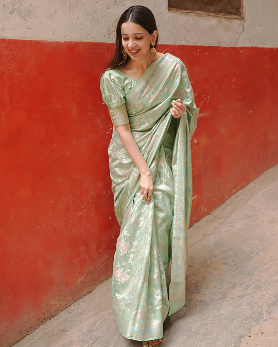 Pastel Green Pure Banarasi Saree with Floral Meenakari Jaal Weaves