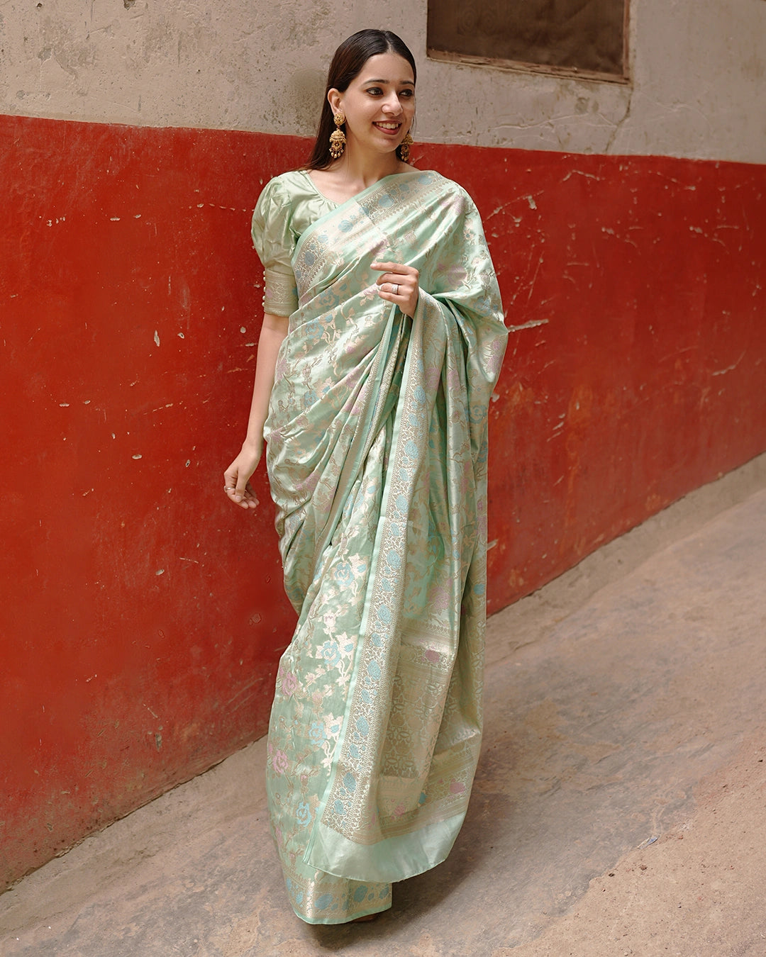 Pastel Green Pure Banarasi Saree with Floral Meenakari Jaal Weaves