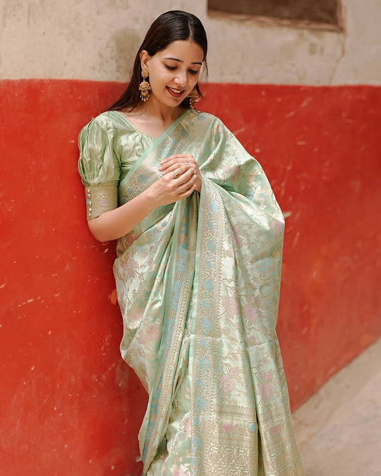 Pastel Green Pure Banarasi Saree with Floral Meenakari Jaal Weaves