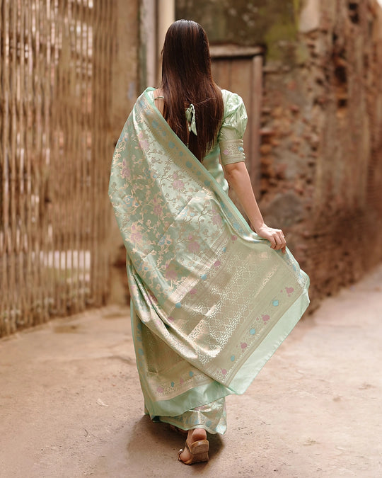 Pastel Green Pure Banarasi Saree with Floral Meenakari Jaal Weaves
