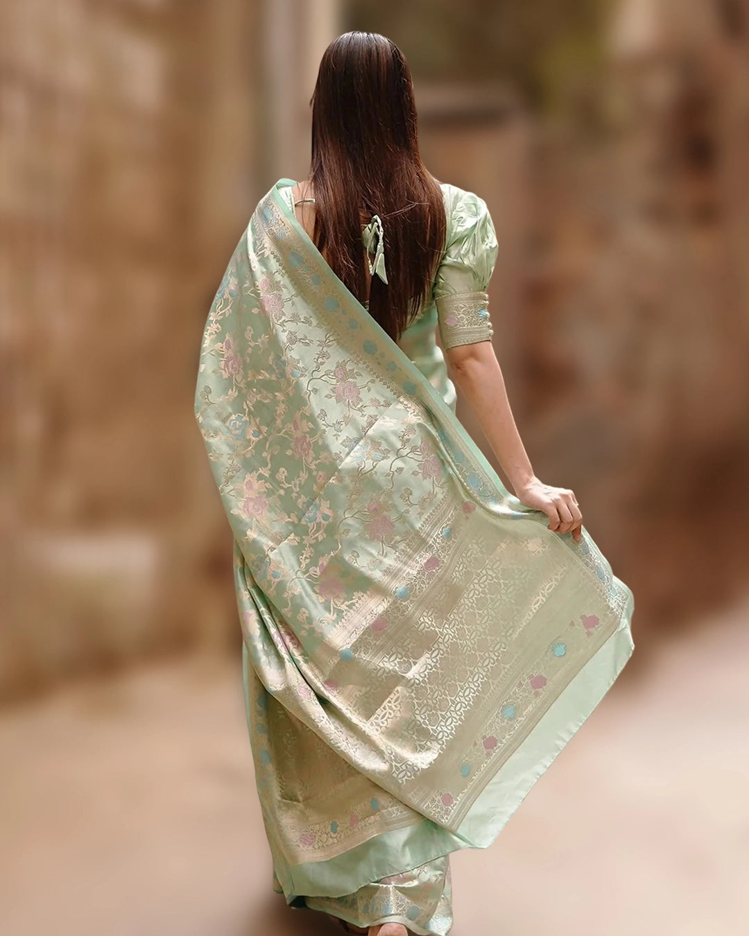 Pastel Green Pure Banarasi Saree with Floral Meenakari Jaal Weaves