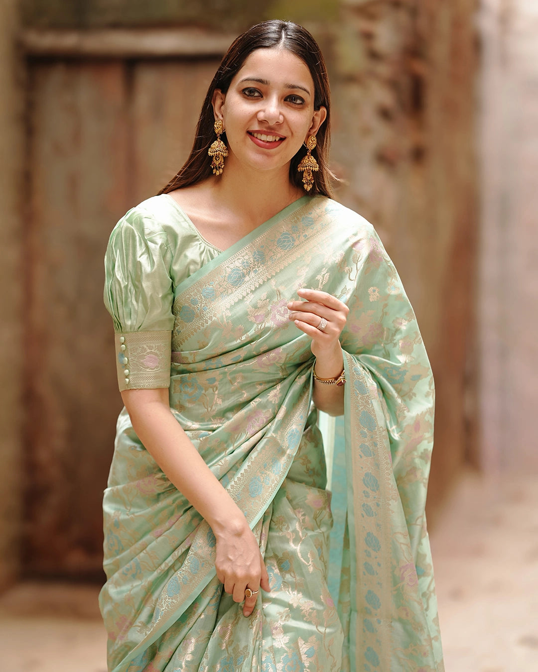 Pastel Green Pure Banarasi Saree with Floral Meenakari Jaal Weaves