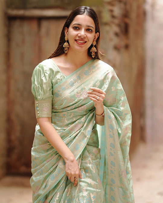 Pastel Green Pure Banarasi Saree with Floral Meenakari Jaal Weaves