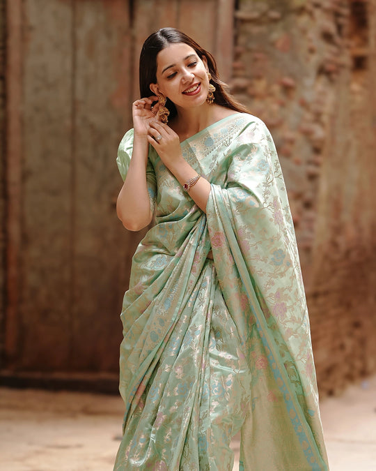 Pastel Green Pure Banarasi Saree with Floral Meenakari Jaal Weaves