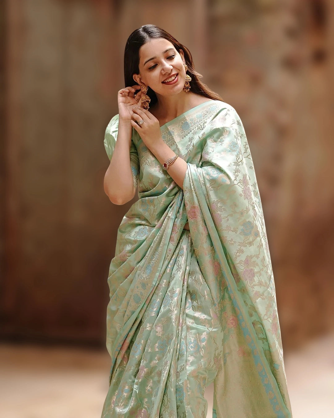Pastel Green Pure Banarasi Saree with Floral Meenakari Jaal Weaves