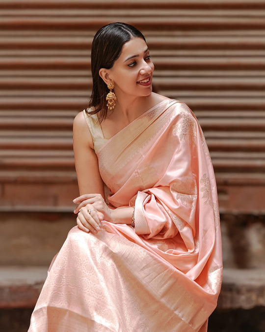 Salmon Peach Pure Banarasi Saree with Fine Zari Floral Motifs Weaves