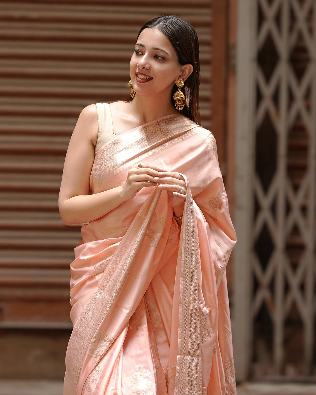 Salmon Peach Pure Banarasi Saree with Fine Zari Floral Motifs Weaves