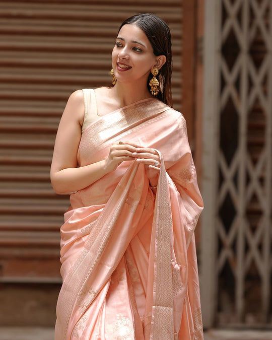 Salmon Peach Pure Banarasi Saree with Fine Zari Floral Motifs Weaves