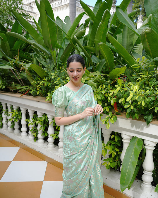 Mint Green Pure Banarasi Saree with Floral Meenakari Jaal Weaving