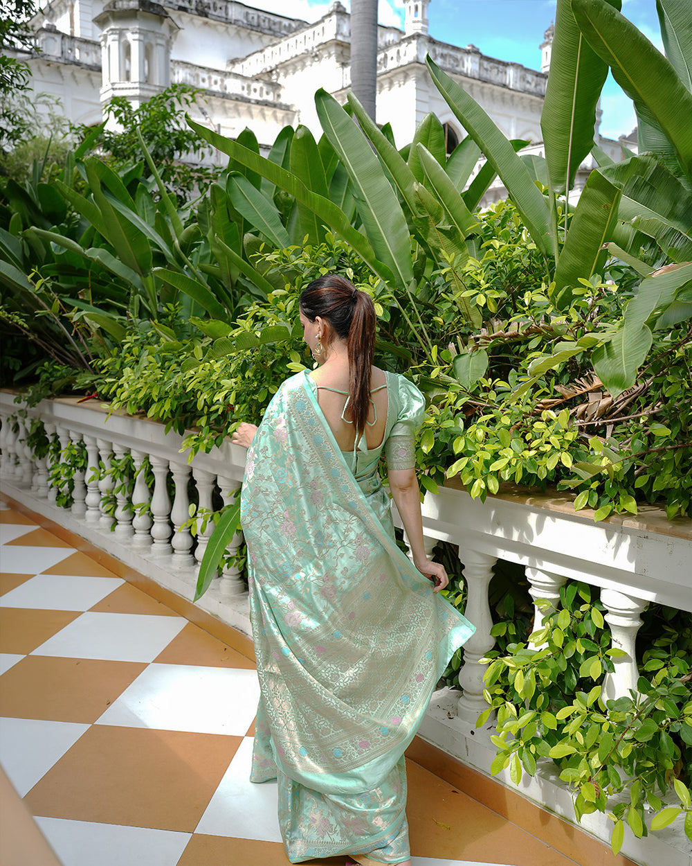 Mint Green Pure Banarasi Saree with Floral Meenakari Jaal Weaving