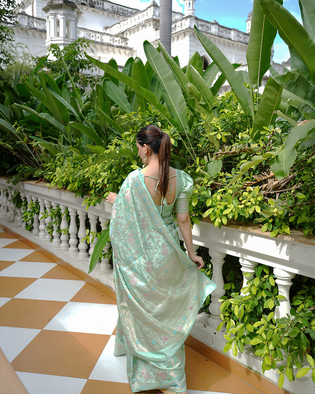 Mint Green Pure Banarasi Saree with Floral Meenakari Jaal Weaving