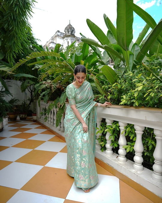 Mint Green Pure Banarasi Saree with Floral Meenakari Jaal Weaving