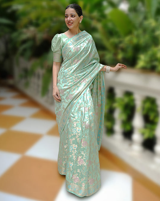 Mint Green Pure Banarasi Saree with Floral Meenakari Jaal Weaving