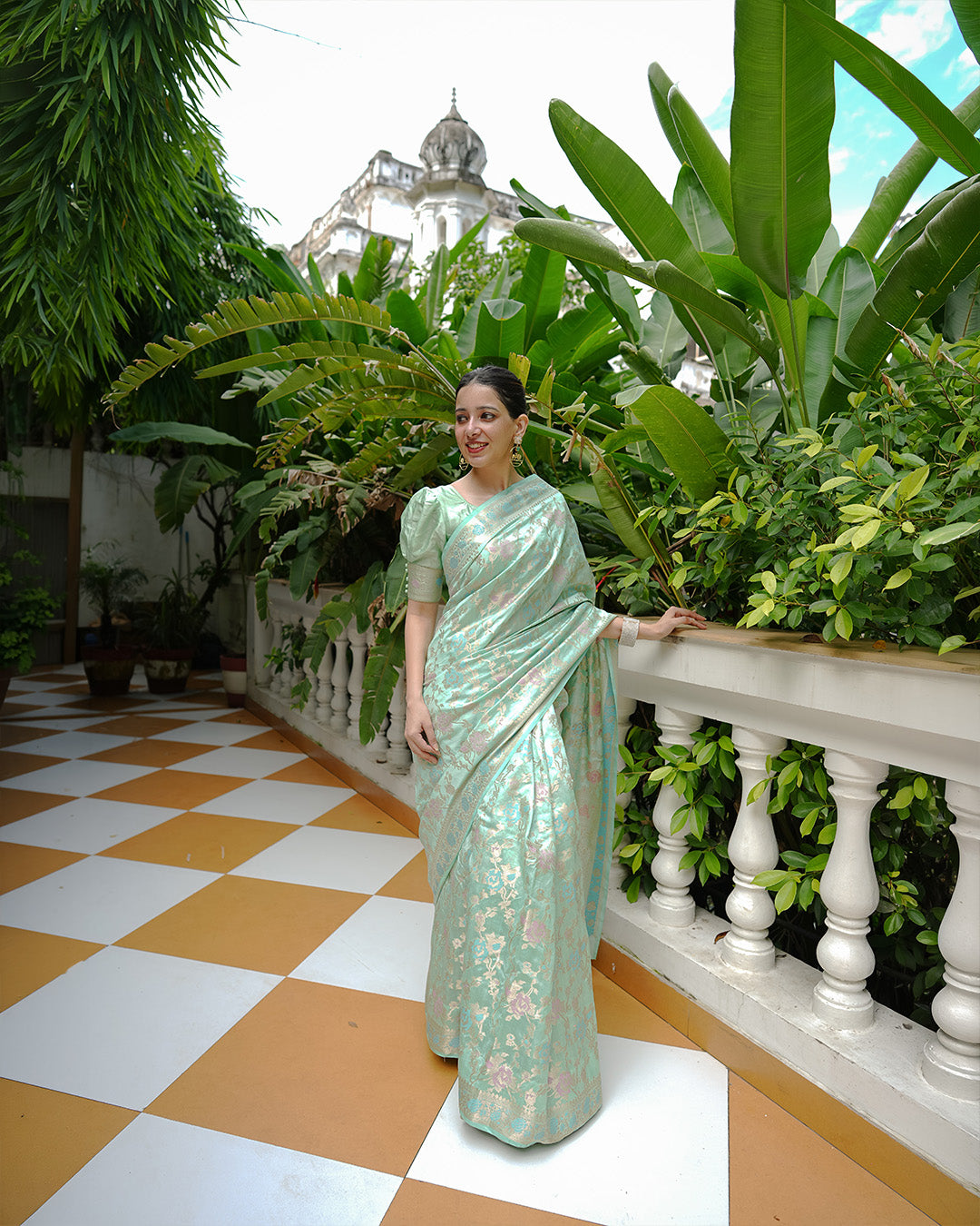 Mint Green Pure Banarasi Saree with Floral Meenakari Jaal Weaving