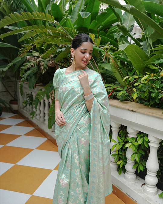Mint Green Pure Banarasi Saree with Floral Meenakari Jaal Weaving