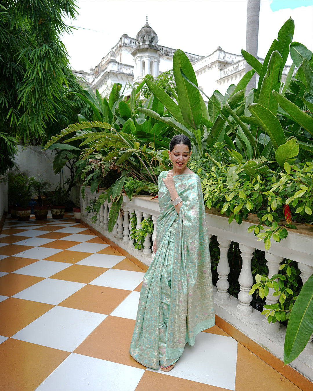 Mint Green Pure Banarasi Saree with Floral Meenakari Jaal Weaving