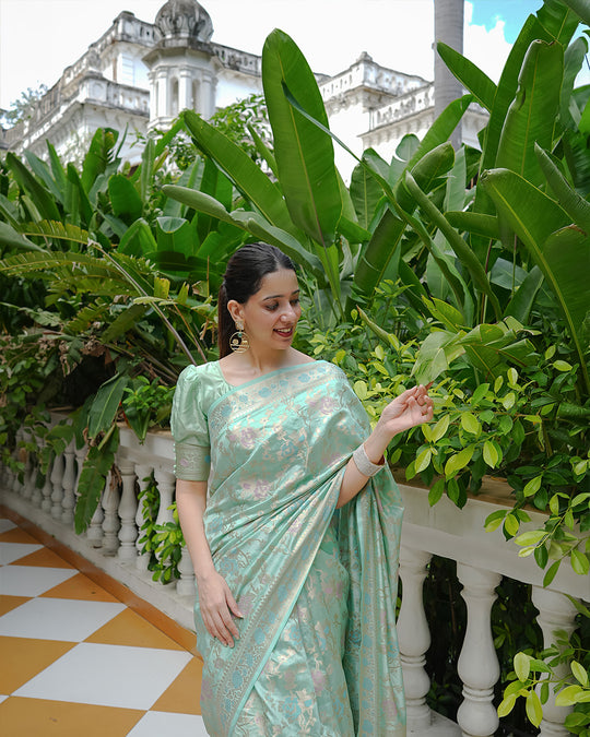 Mint Green Pure Banarasi Saree with Floral Meenakari Jaal Weaving