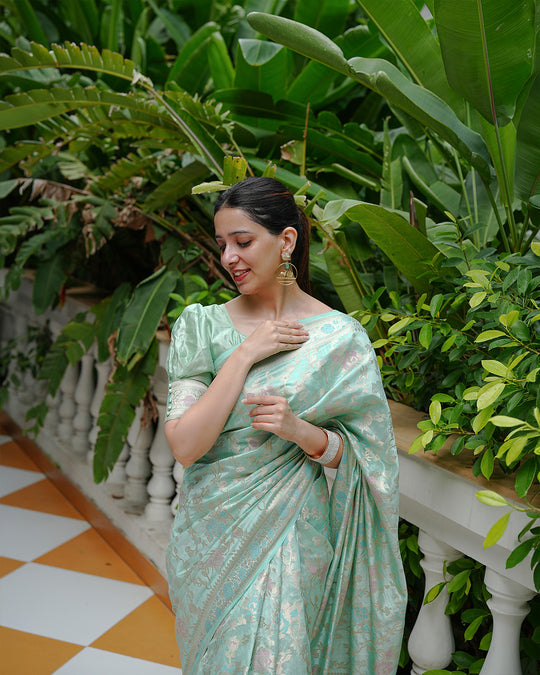 Mint Green Pure Banarasi Saree with Floral Meenakari Jaal Weaving