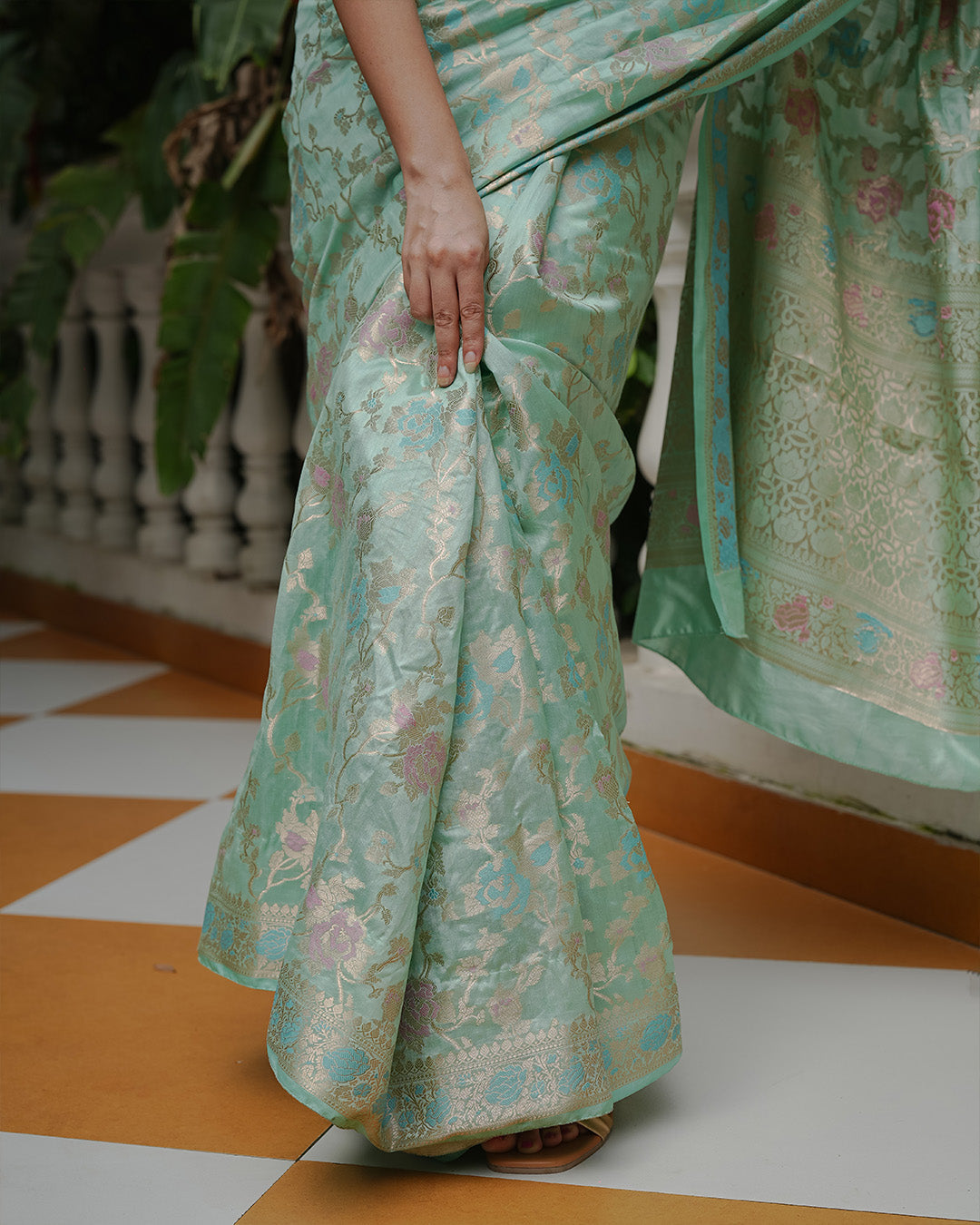 Mint Green Pure Banarasi Saree with Floral Meenakari Jaal Weaving