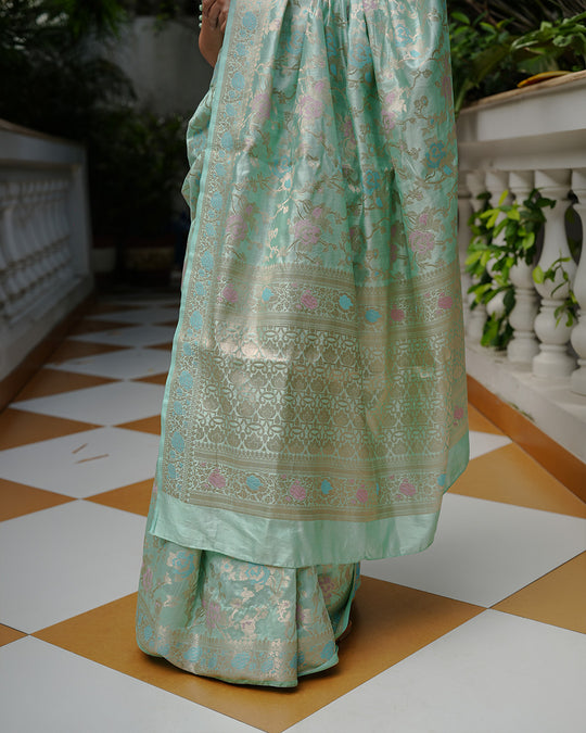 Mint Green Pure Banarasi Saree with Floral Meenakari Jaal Weaving