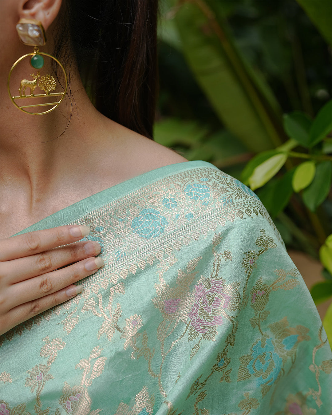 Mint Green Pure Banarasi Saree with Floral Meenakari Jaal Weaving