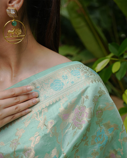 Mint Green Pure Banarasi Saree with Floral Meenakari Jaal Weaving