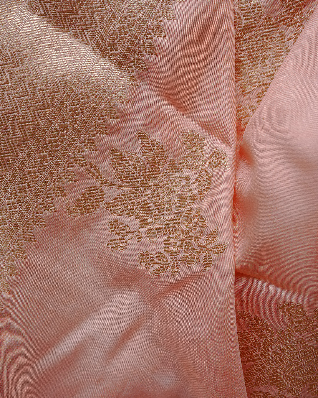 Pastel Peach Pure Banarasi Saree with Ornamental Floral Motifs Weaving