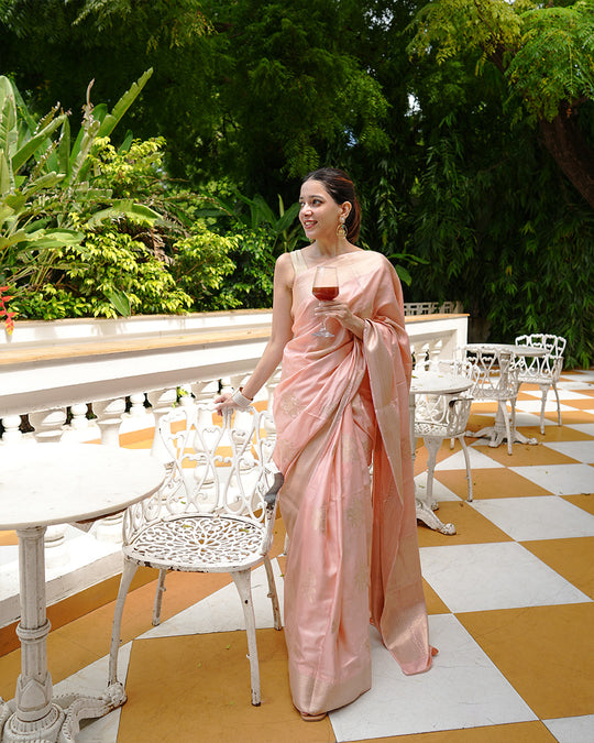 Pastel Peach Pure Banarasi Saree with Ornamental Floral Motifs Weaving