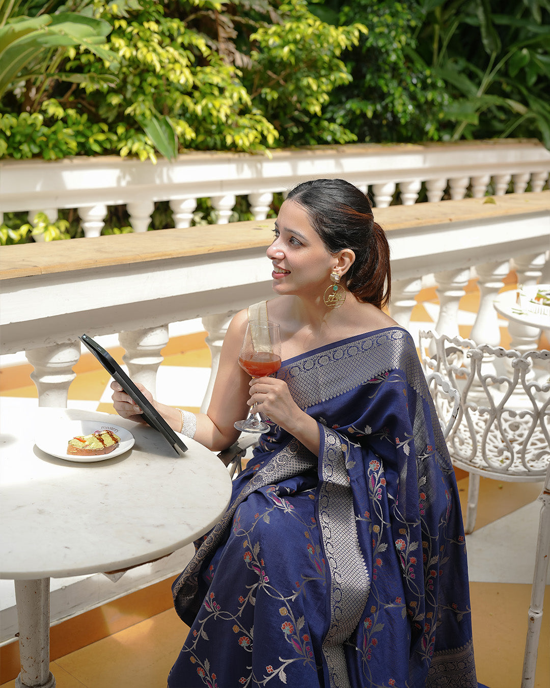 Blue Pure Banarasi Saree with Intricate Multicolored Floral Vine Weaves