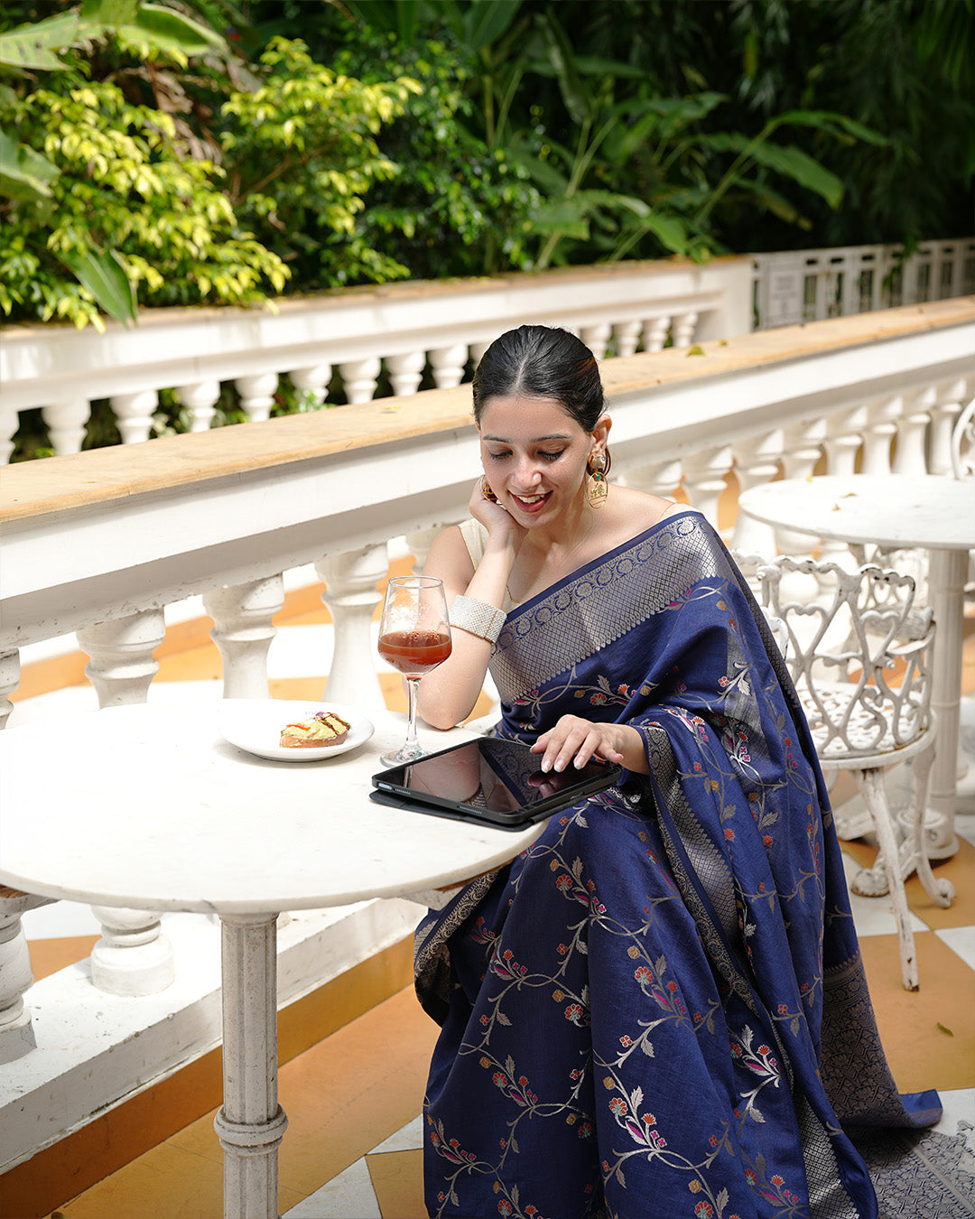Blue Pure Banarasi Saree with Intricate Multicolored Floral Vine Weaves