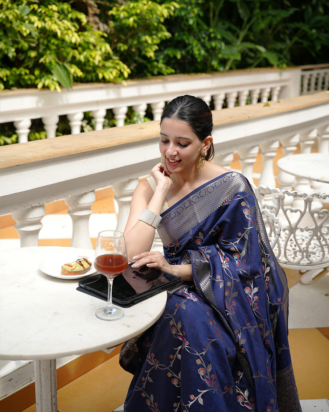 Blue Pure Banarasi Saree with Intricate Multicolored Floral Vine Weaves