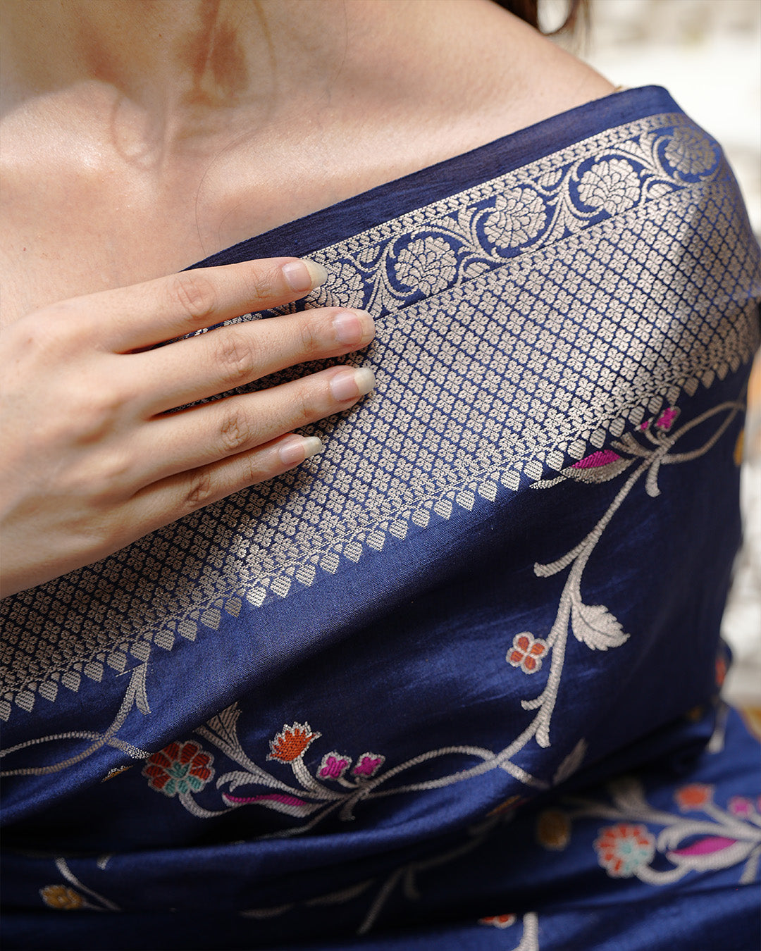 Blue Pure Banarasi Saree with Intricate Multicolored Floral Vine Weaves