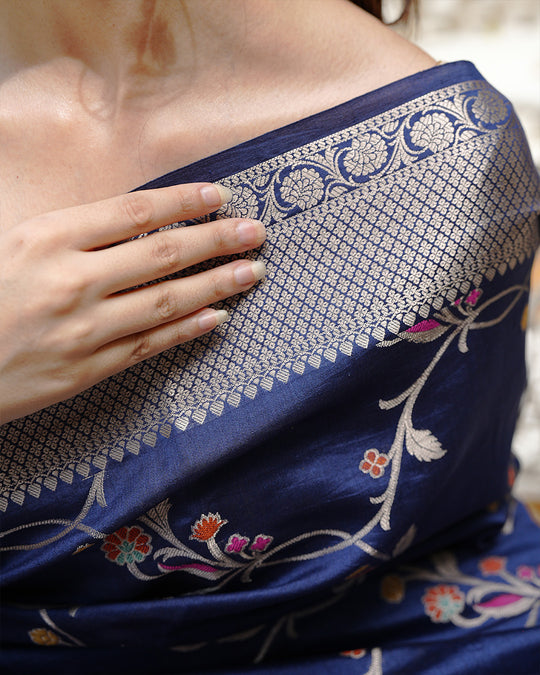 Blue Pure Banarasi Saree with Intricate Multicolored Floral Vine Weaves